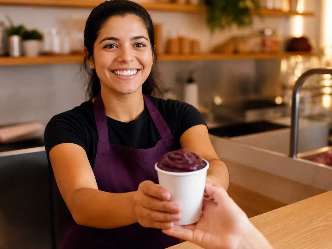 Atendente servindo açaí cremoso da máquina em um copo