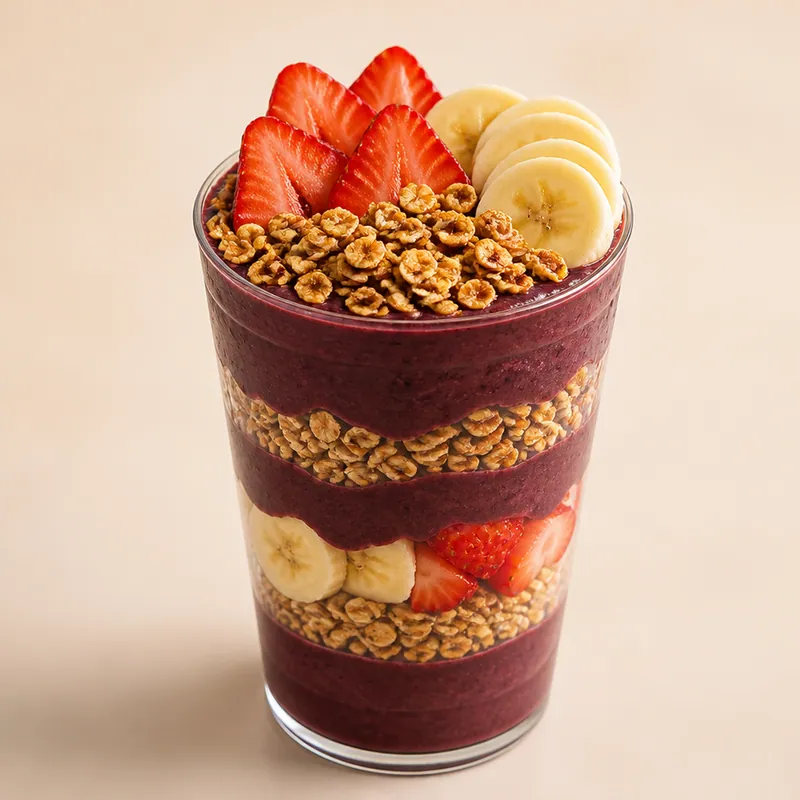 Copo alto de açaí em camadas com granola, banana e morango